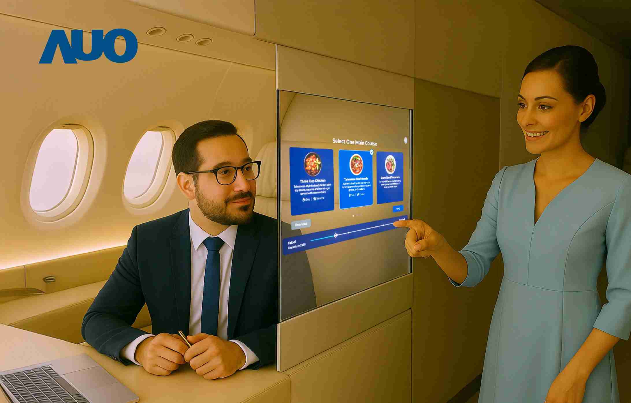 云顶国际8588yd研发全球最薄17.3 吋双面透明 Micro LED 显示器，，，，可在同一屏幕之双边投射不同信息，，，，创造独特的”透明化”互动；图为实时翻译交流应用情境